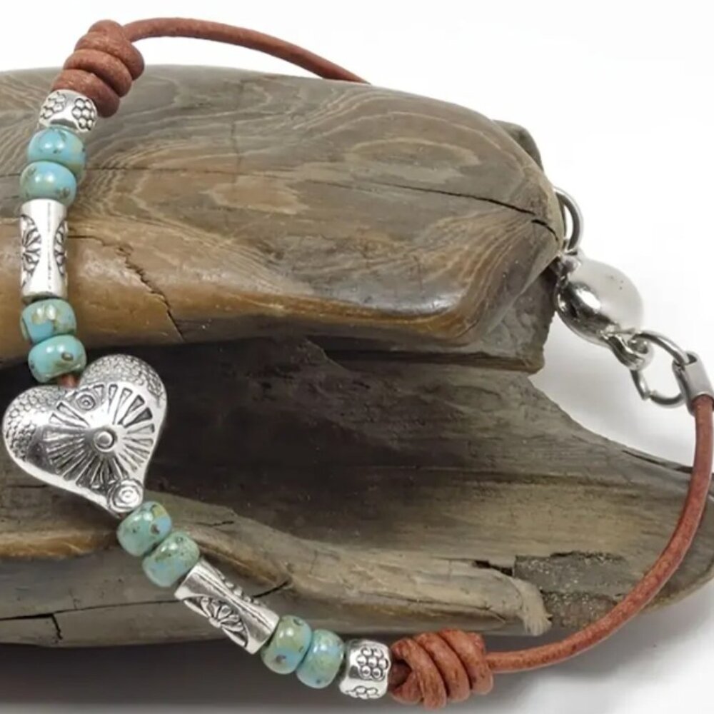 Boho Chic Heart-Shaped Beaded Bracelet Turquoise & Sterling Silver Beads